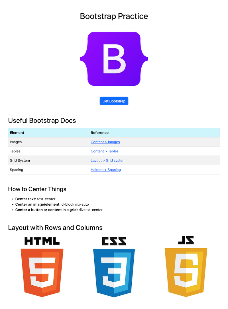 Bootstrap practice site with logo, table, list, and html, css, js logos