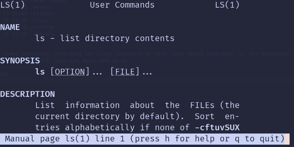 Terminal screenshot, showing man page for ls.