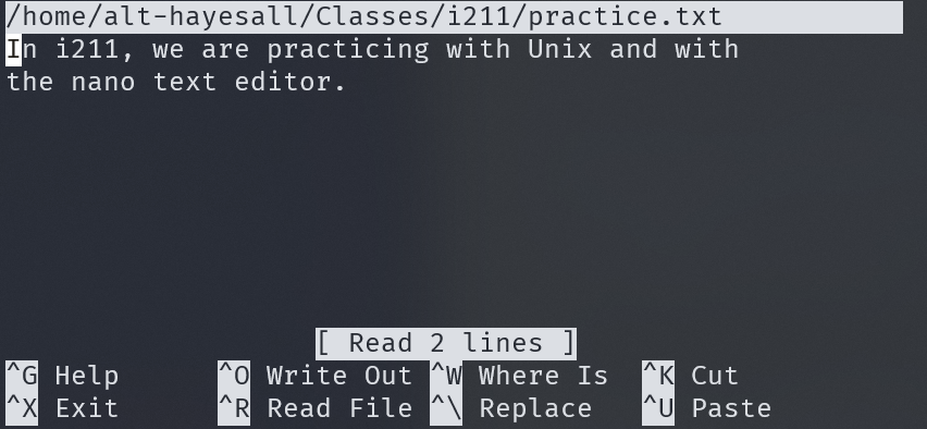 Screenshot of nano, showing Classes/i211/practice.txt is being edited. The user typed a paragraph.