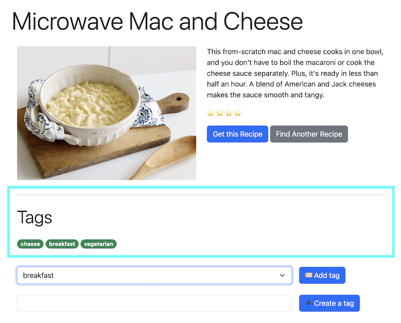 Tags on recipes listed on home page