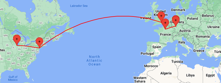 communication route from Chicago to New York to the United Kingdom to France and finally to Germany