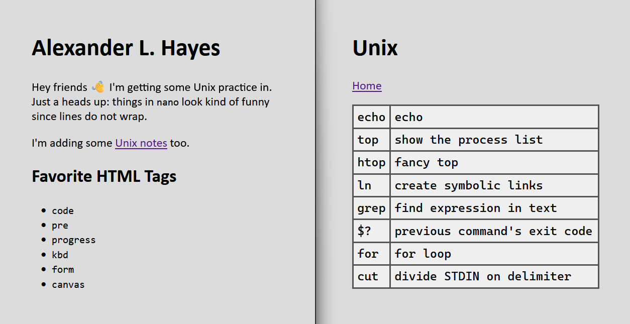 Two web pages next to each other. Left: titled Alexander L. Hayes and has HTML notes. Right: titled Unix with a table of commands.