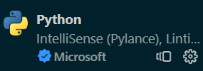 Screenshot of the Python extension in VS Code. It has the Python snake logo along the left, the title Python at the top, and a blue checkmark with the word Microsoft to indicate that Microsoft developed this. The extension description says: IntelliSense (Pylance), Linting, …